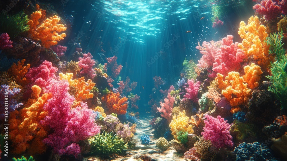 Naklejka premium Vibrant coral reef scene illuminated by sunlight underwater.