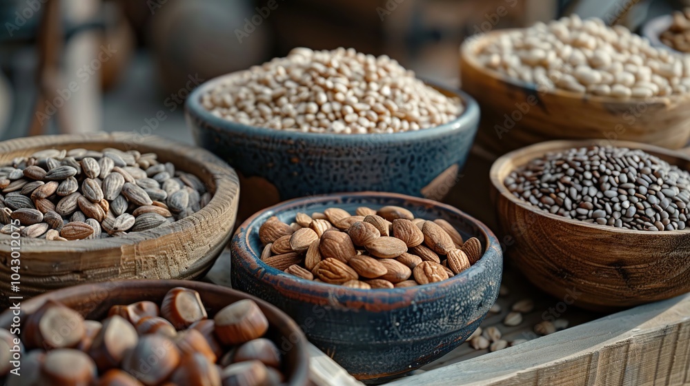 Obraz premium Close up of various types of pulses and seeds, stored tight together in the containers on a traditional market