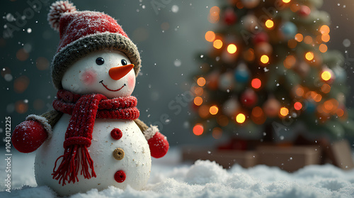 A snowman in a hat, scarf and gloves stands near a decorated Christmas tree with garlands. Snowman close-up against the background of a decorated Christmas tree with lanterns. photo