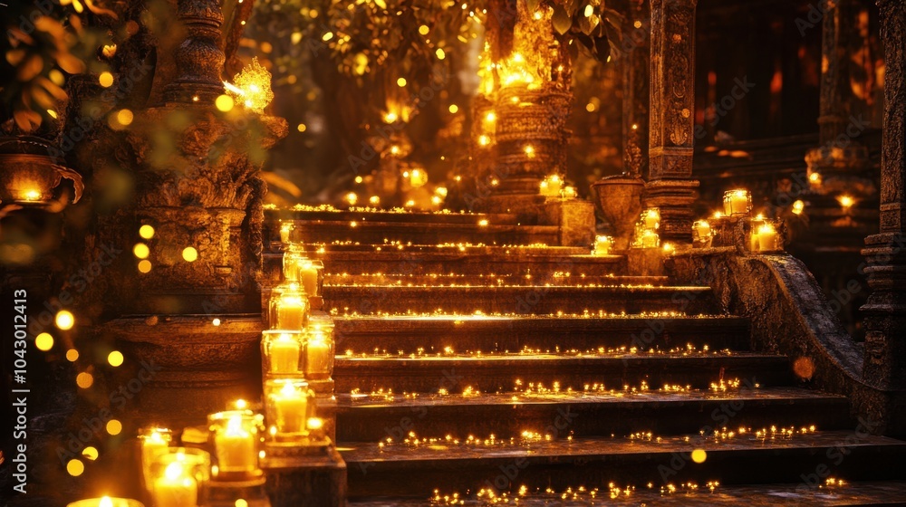 Obraz premium Golden candlelit pathway through ancient architecture