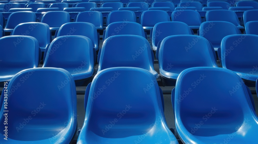 Fototapeta premium Stadium Seat. Empty Blue Plastic Seats in Arena Bleachers for Audience
