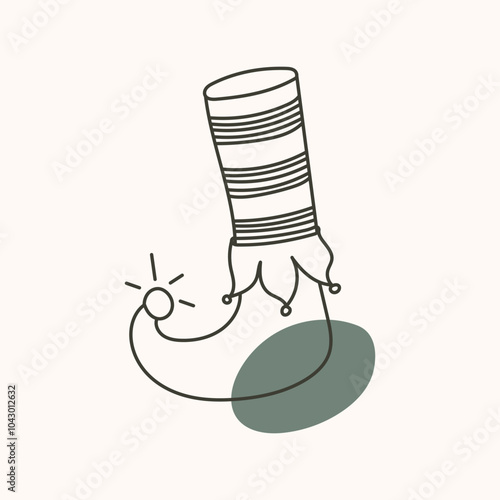 Elf shoe with sock. Vector cute funny feet in striped stocking and nosy shoes.