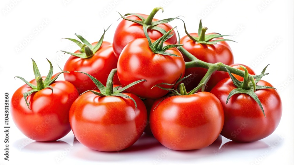 Fresh red tomatoes with green stems isolated on white background Fresh red tomatoes with green stems isolated on white background