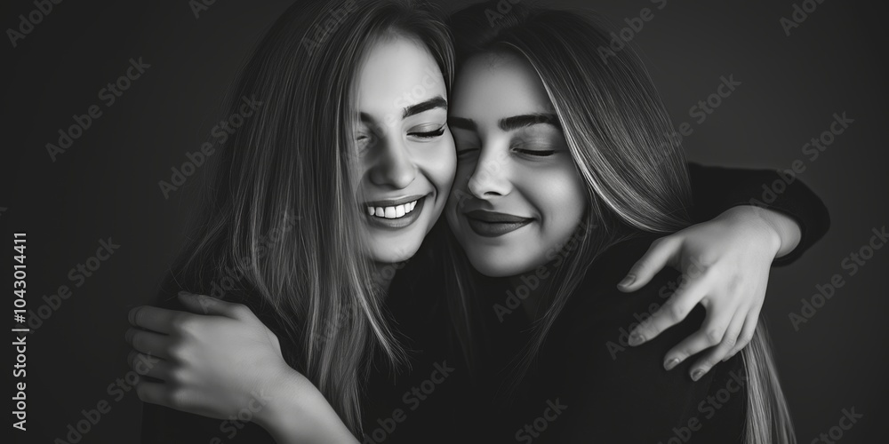 Tender embrace two women smiling in a classic black and white minimalistic studio portrait Tender embrace two women smiling in a classic black and white minimalistic studio portrait