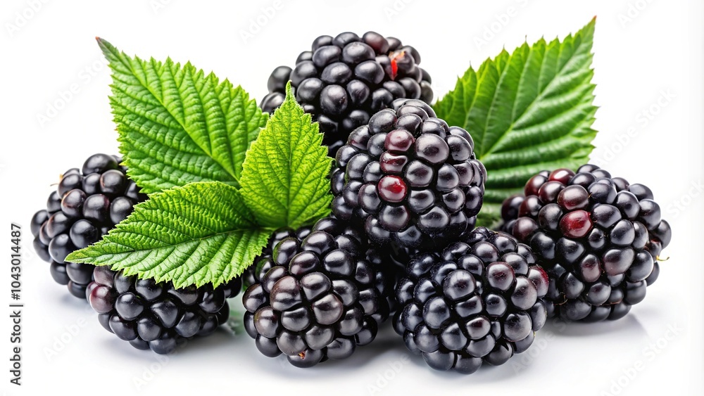 Fresh ripe blackberries with green leaves isolated on white background. Perfect for recipes, health, nutrition concepts Fresh ripe blackberries with green leaves isolated on white background. Perfect for recipes, health, nutrition concepts