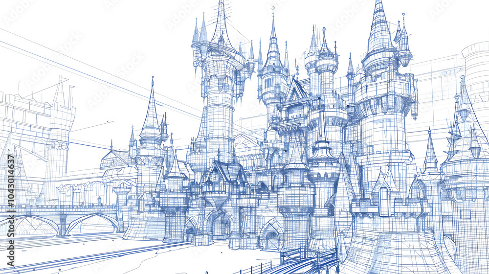 Obraz premium A blue and white drawing of a castle with a lot of detail. The castle is very large and has many towers. The drawing is very detailed and looks like it could be a blueprint for a castle