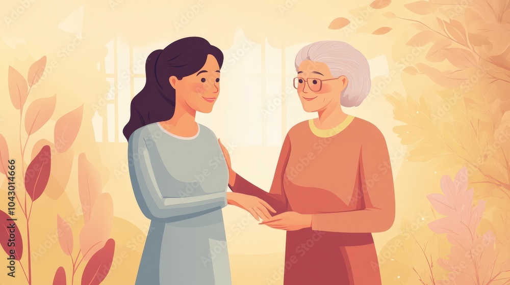 Obraz premium Taking Care of Elderly: Joyful Caucasian Woman Assisting Senior Grandmother