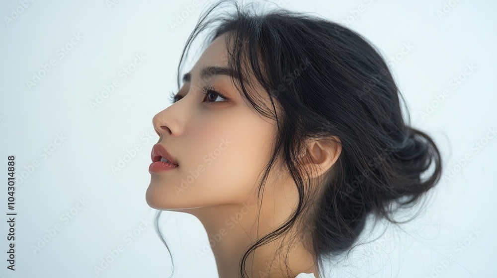 Asian woman, facial profile and beauty in studio, isolated white background Asian woman, facial profile and beauty in studio, isolated white background
