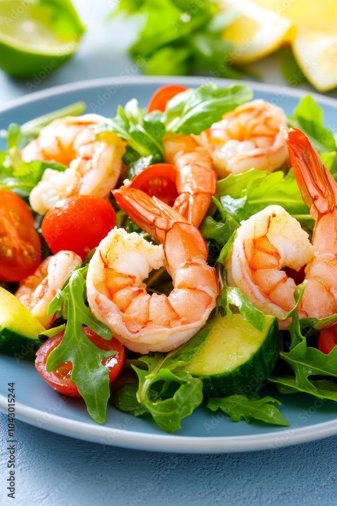 Ensalada fresca de gambas, rodajas de tomate cherry, pepino y hojas de rúcula, servida en un plato azul con limón en el fondo.
Ensalada fresca de gambas, rodajas de tomate cherry, pepino y hojas de rúcula, servida en un plato azul con limón en el fondo.