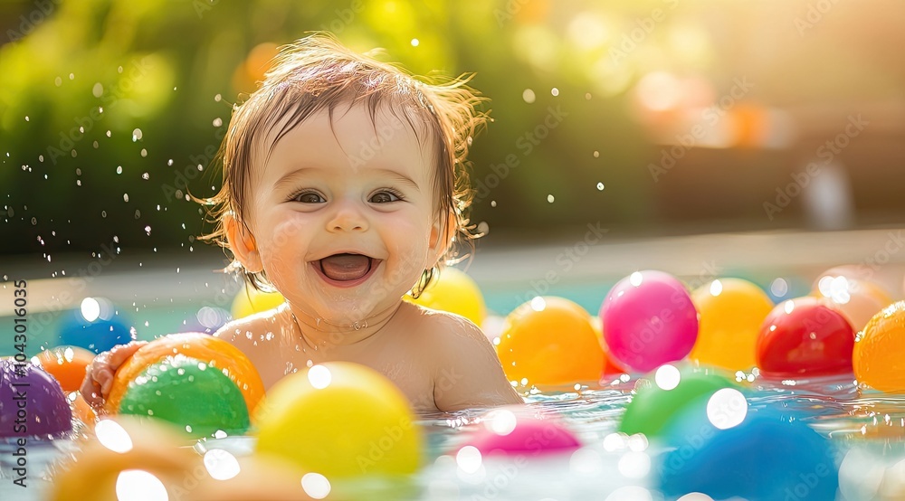 A cute baby playing in the pool with colorful balls, smiling and laughing, enjoying summertime at home. A cute baby playing in the pool with colorful balls, smiling and laughing, enjoying summertime at home.