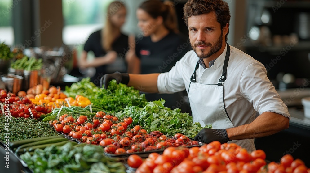 Chef preparing fresh vegetables in a vibrant kitchen setting. Chef preparing fresh vegetables in a vibrant kitchen setting.