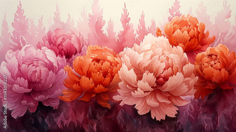 Obraz premium Vibrant peonies bloom in a serene landscape at dawn, showcasing nature's artistry