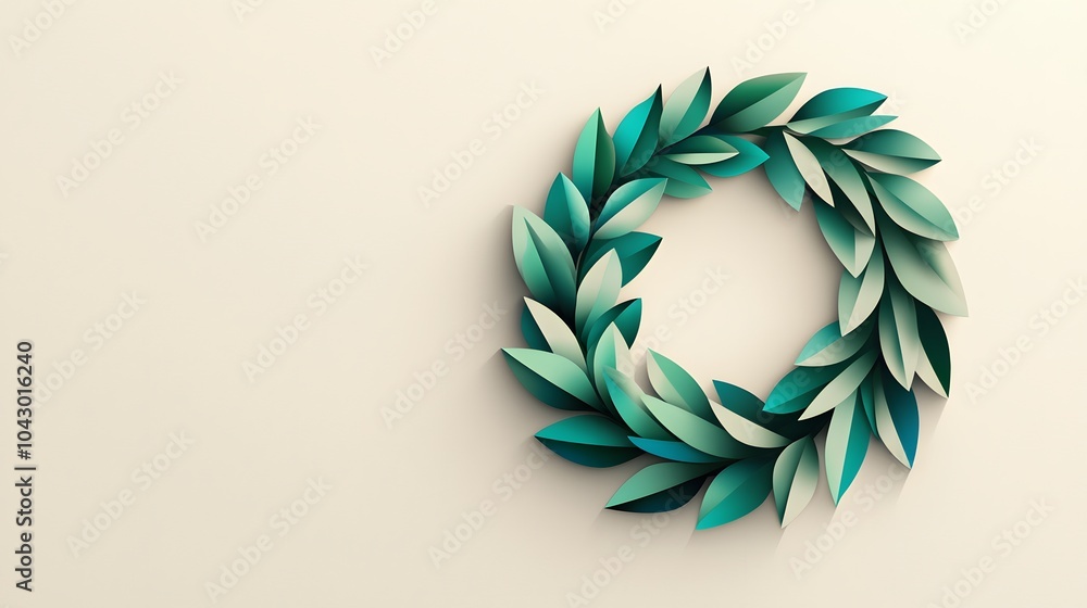 Obraz premium Green Paper Leaf Wreath on Beige Background. Illustration for Presentation and wallpaper