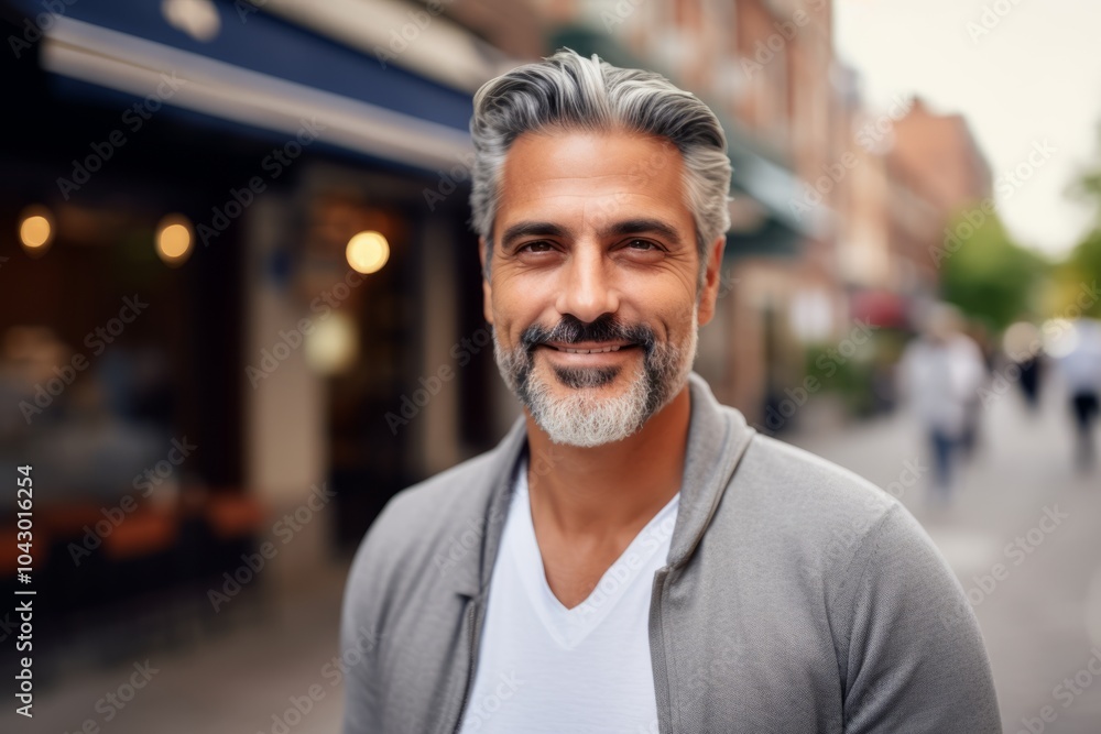 Portrait of a handsome middle-aged man with grey hair and beard in the city Portrait of a handsome middle-aged man with grey hair and beard in the city