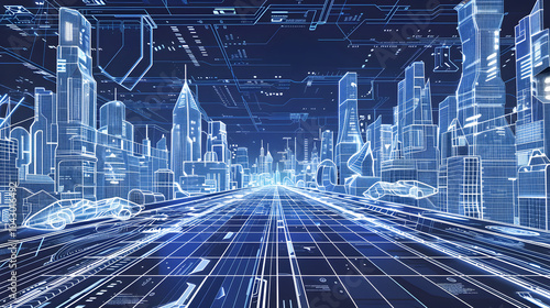 A cityscape with a blue sky and a road with cars on it. The city is futuristic and the sky is clear