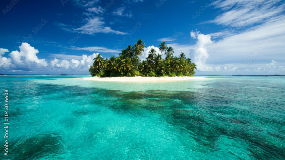 A breathtaking aerial view of a tropical island with clear turquoise waters and lush greenery under a bright blue sky A breathtaking aerial view of a tropical island with clear turquoise waters and lush greenery under a bright blue sky