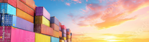 Colorful shipping containers stacked against vibrant sunset sky, showcasing logistics and supply chain industry. scene evokes sense of efficiency and modernity in transportation