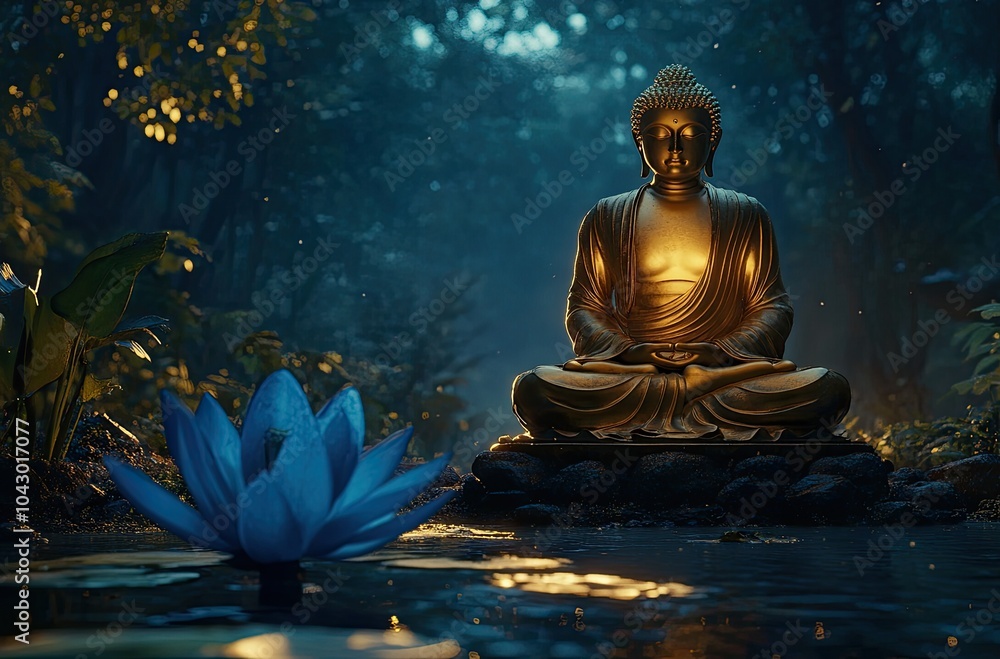 A golden Buddha statue sits amidst a dark jungle, its serene expression illuminated by a glowing golden light. A golden Buddha statue sits amidst a dark jungle, its serene expression illuminated by a glowing golden light.