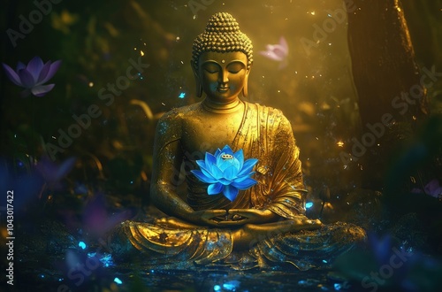 A golden Buddha statue with blue lotus flowers, sitting in the dark forest, with purple and green leaves, a sacred light, and a mysterious atmosphere