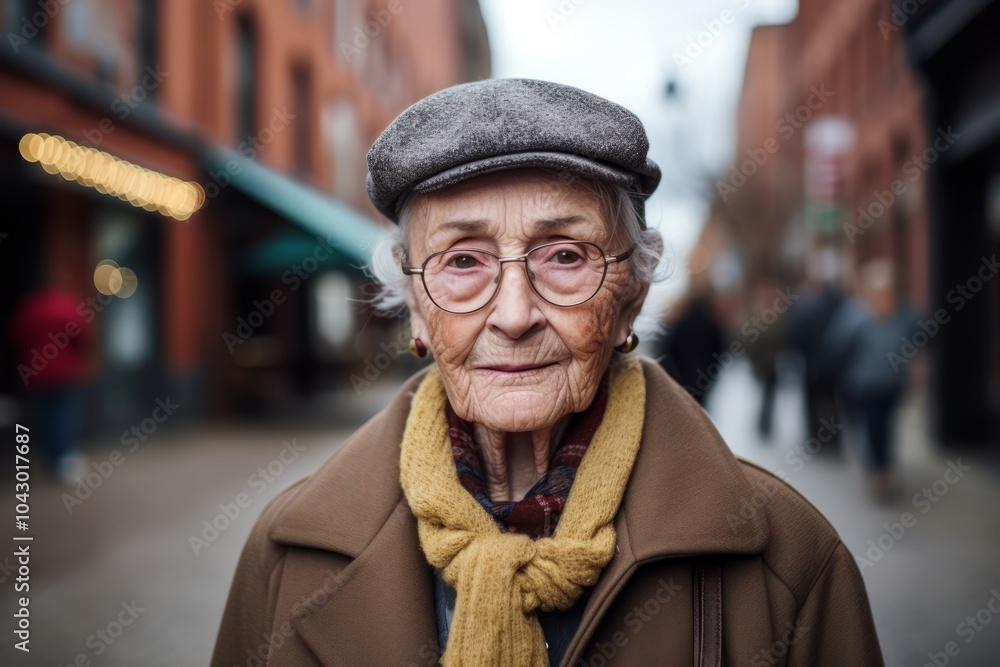 Portrait of an elderly woman with glasses and a cap on the street Portrait of an elderly woman with glasses and a cap on the street