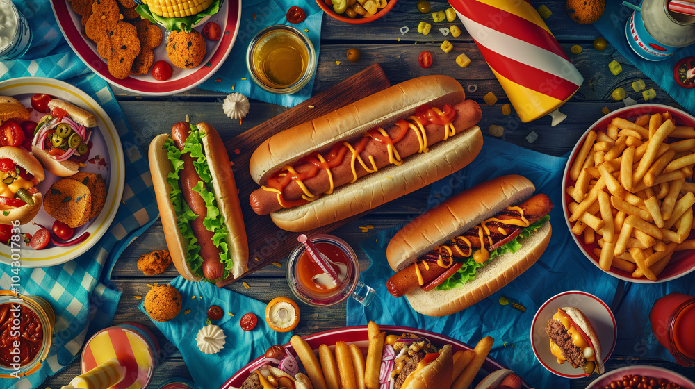 Fototapeta premium A colorful spread of fast food including hot dogs, fries, drinks, and sides on a picnic table, shot from above