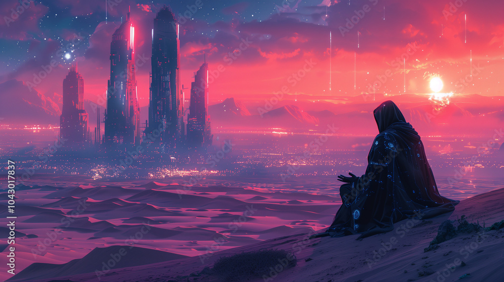 Mysterious figure in a cloak gazing at a futuristic city skyline at sunset, with vibrant desert landscape Mysterious figure in a cloak gazing at a futuristic city skyline at sunset, with vibrant desert landscape