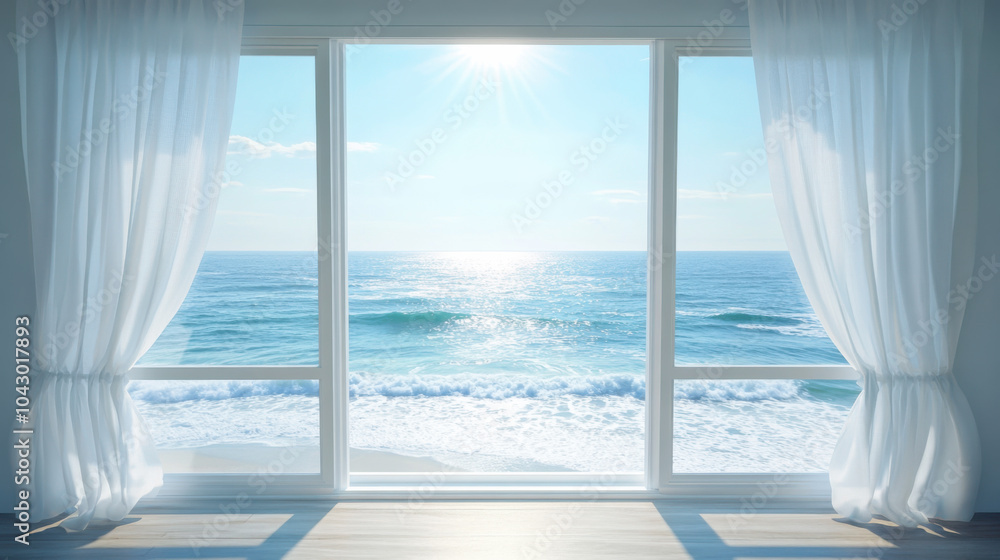 Fototapeta premium Breezy coastal view of the ocean framed by sheer white curtains in a bright room during a sunny day