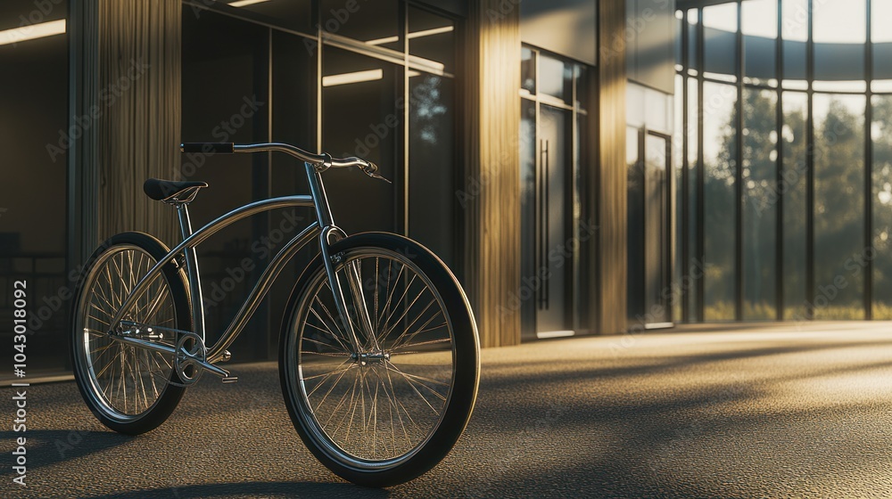 A stylish bicycle stands in a modern, sunlit indoor space with large windows. A stylish bicycle stands in a modern, sunlit indoor space with large windows.