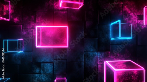 Abstract background with glowing neon cubes, pink and blue on a dark background.