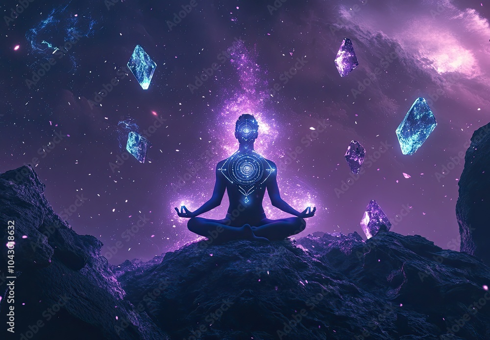 A person meditating with the chakras glowing around them, surrounded by floating crystals and sacred geometry symbols in an ethereal space background A person meditating with the chakras glowing around them, surrounded by floating crystals and sacred geometry symbols in an ethereal space background