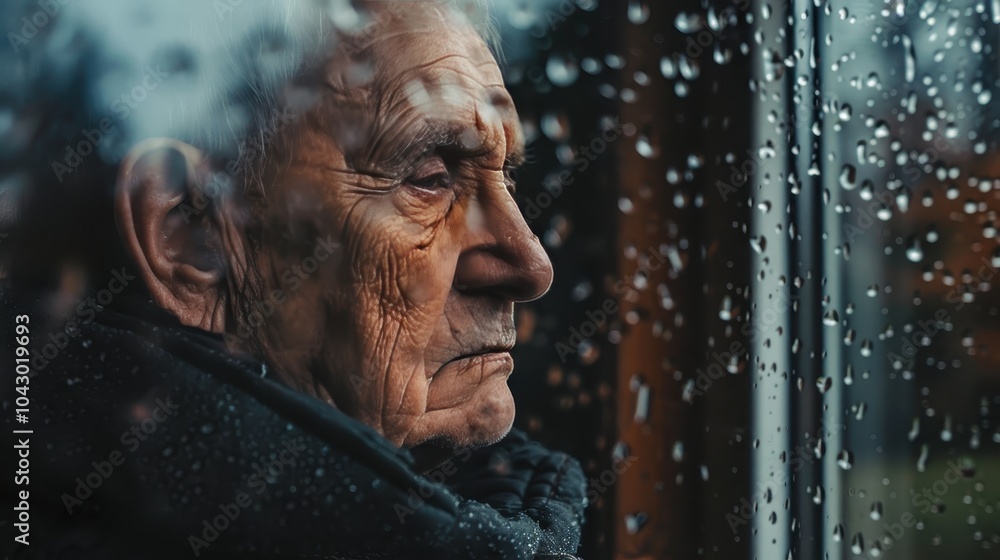 Elderly Person Gazing Out the Window on a Rainy Day Elderly Person Gazing Out the Window on a Rainy Day