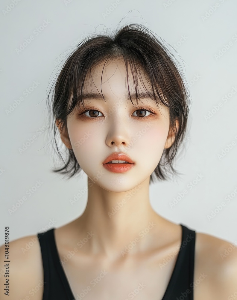 Beautiful Korean female with short hair, white background, beautiful and cute Korean girl idol style, skin tone is slightly tanned, very pretty eyes Beautiful Korean female with short hair, white background, beautiful and cute Korean girl idol style, skin tone is slightly tanned, very pretty eyes