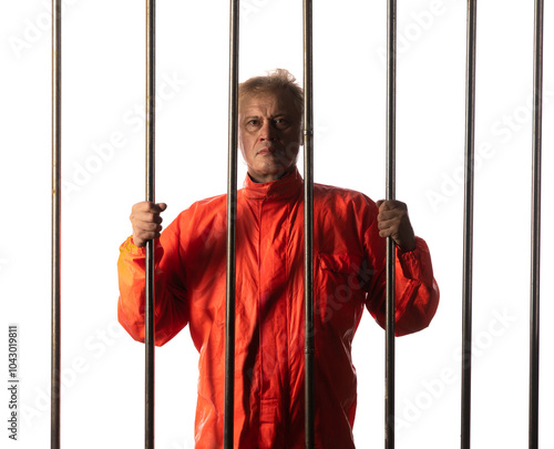 Bild auf Leinwand Portrait of a male prisoner behind bars on a white background