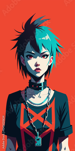 Cyberpunk anime character with spiky hair and bold chain necklace for graphic design