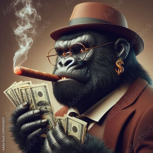 A Rich gorilla holds cash and cigar in her hands, showcasing her stylish look with a hat, symbolizing wealth and finance photo