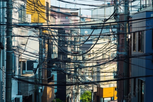 Wallpaper Mural A network of electrical wires connecting different buildings in a city, symbolizing infrastructure and connectivity Torontodigital.ca