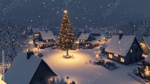 Wallpaper Mural A snowy village with twinkling Christmas lights, snow-covered rooftops, and a large tree in the square. Torontodigital.ca