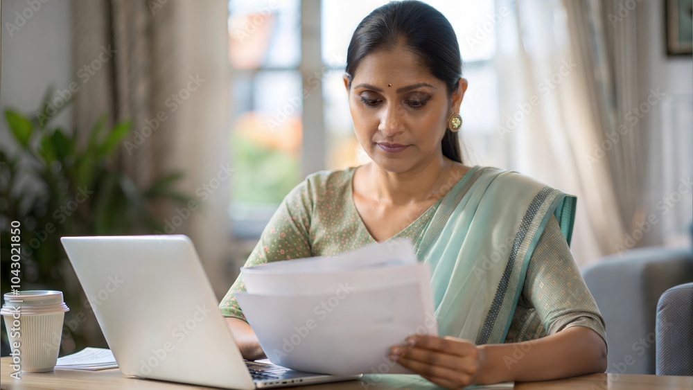 An Indian woman organizing her tax documents at home.
An Indian woman organizing her tax documents at home.