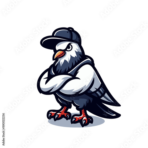 Cool pigeon character, Modern sports logo mascot in baseball hat.  photo