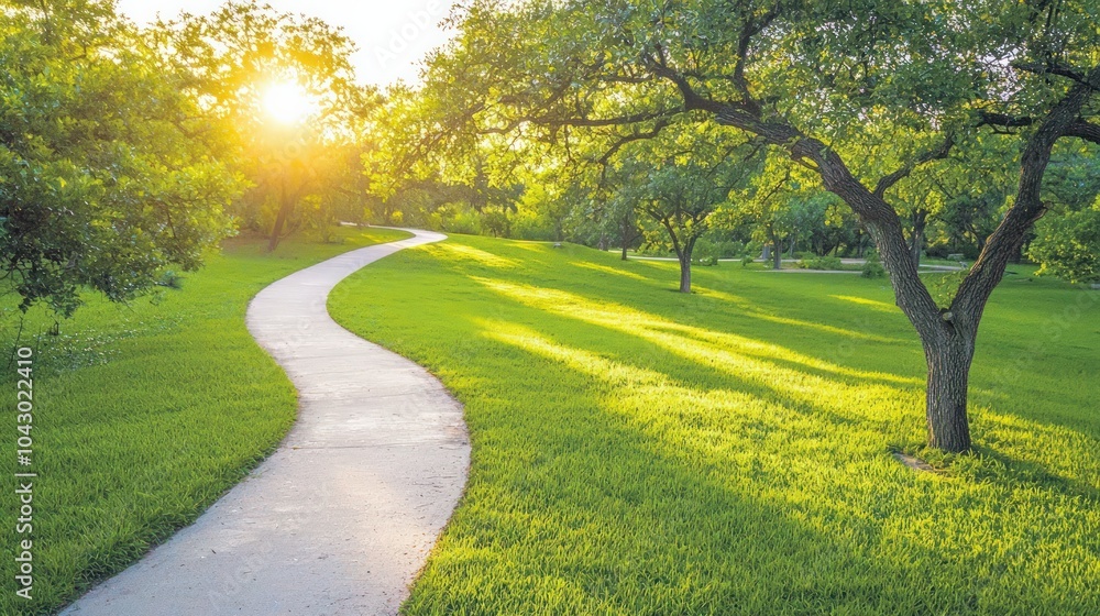Serene Pathway Through Lush Green Nature at Sunset Illuminating Tranquil Landscape Serene Pathway Through Lush Green Nature at Sunset Illuminating Tranquil Landscape