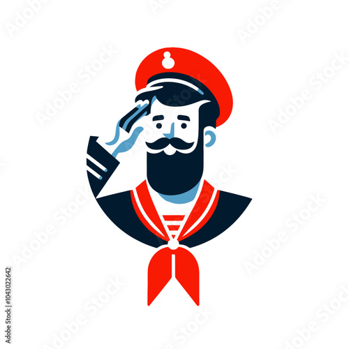 Saluting sailor with mustache in red hat and uniform, vintage maritime illustration, nautical character logo concept. Isolated vector illustration