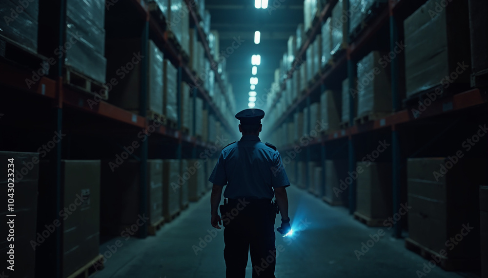 A security guard inspects dimly lit storage aisles, casting sharp contrasts with his flashlight. A security guard inspects dimly lit storage aisles, casting sharp contrasts with his flashlight.