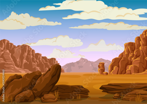Cartoon desert mountains and sandstone rocks. Canyons in the desert. Vector landscape of red canyons.