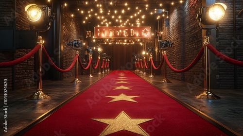 A Hollywood red carpet birthday setup featuring a luxurious red carpet with gold stars, vintage film cameras, and velvet ropes, bright spotlights illuminating the entrance,