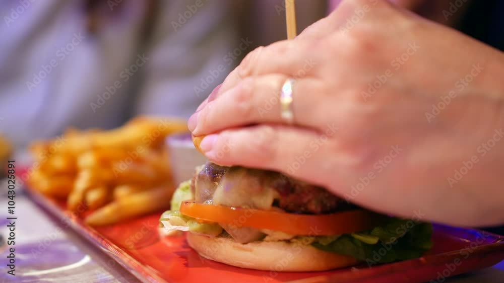 A woman slicing and cutting a juicy cheeseburger topped with lettuce and tomato, served on a toasted bun. The burger sits on a rectangular plate next to a side of golden fries, ready to be enjoyed A woman slicing and cutting a juicy cheeseburger topped with lettuce and tomato, served on a toasted bun. The burger sits on a rectangular plate next to a side of golden fries, ready to be enjoyed