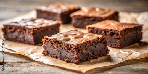 Freshly baked homemade brownies on a parchment paper with shallow depth of field