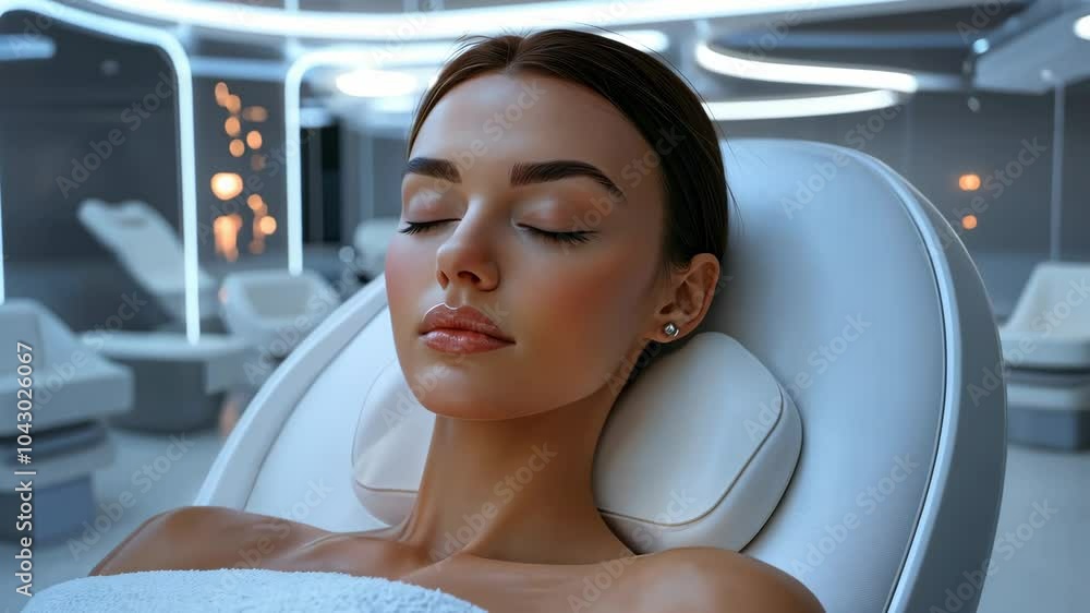 Serene woman relaxing in futuristic spa environment Serene woman relaxing in futuristic spa environment