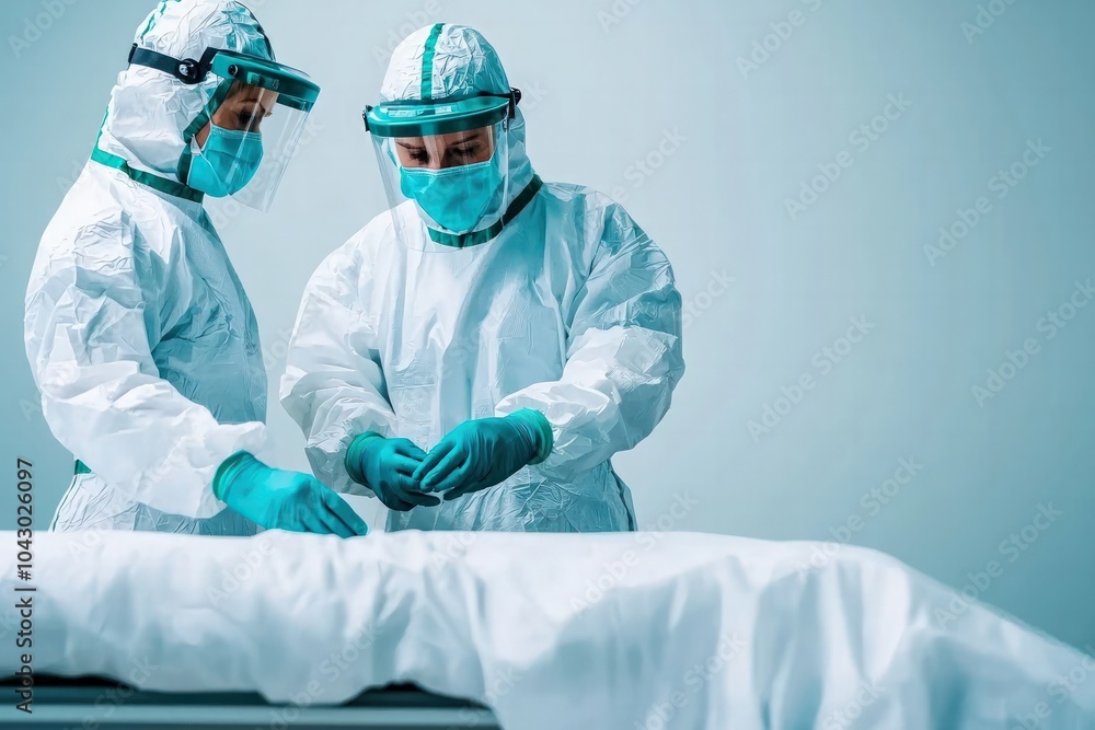 Healthcare Workers in Protective Gear Attending to a Patient in a Clinical Setting Healthcare Workers in Protective Gear Attending to a Patient in a Clinical Setting