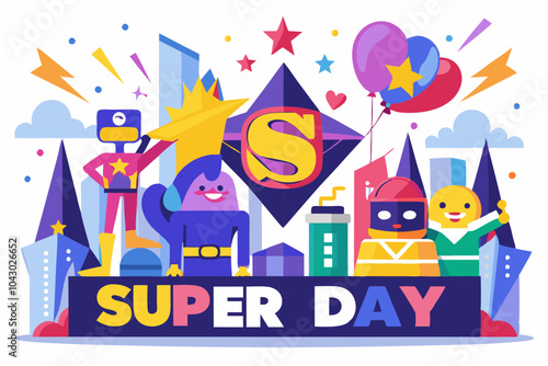 Super day celebration: colorful cartoon heroes design for posters and cards