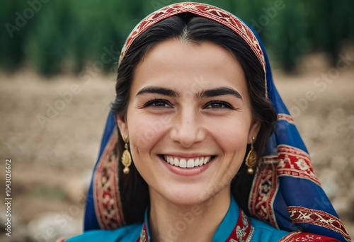 A Tajik woman 30 years old stands gracefully, showcasing her traditional attire against a breathtaking backdrop of defocused lush greenery, reflecting her cultural roots. Generated by AI photo